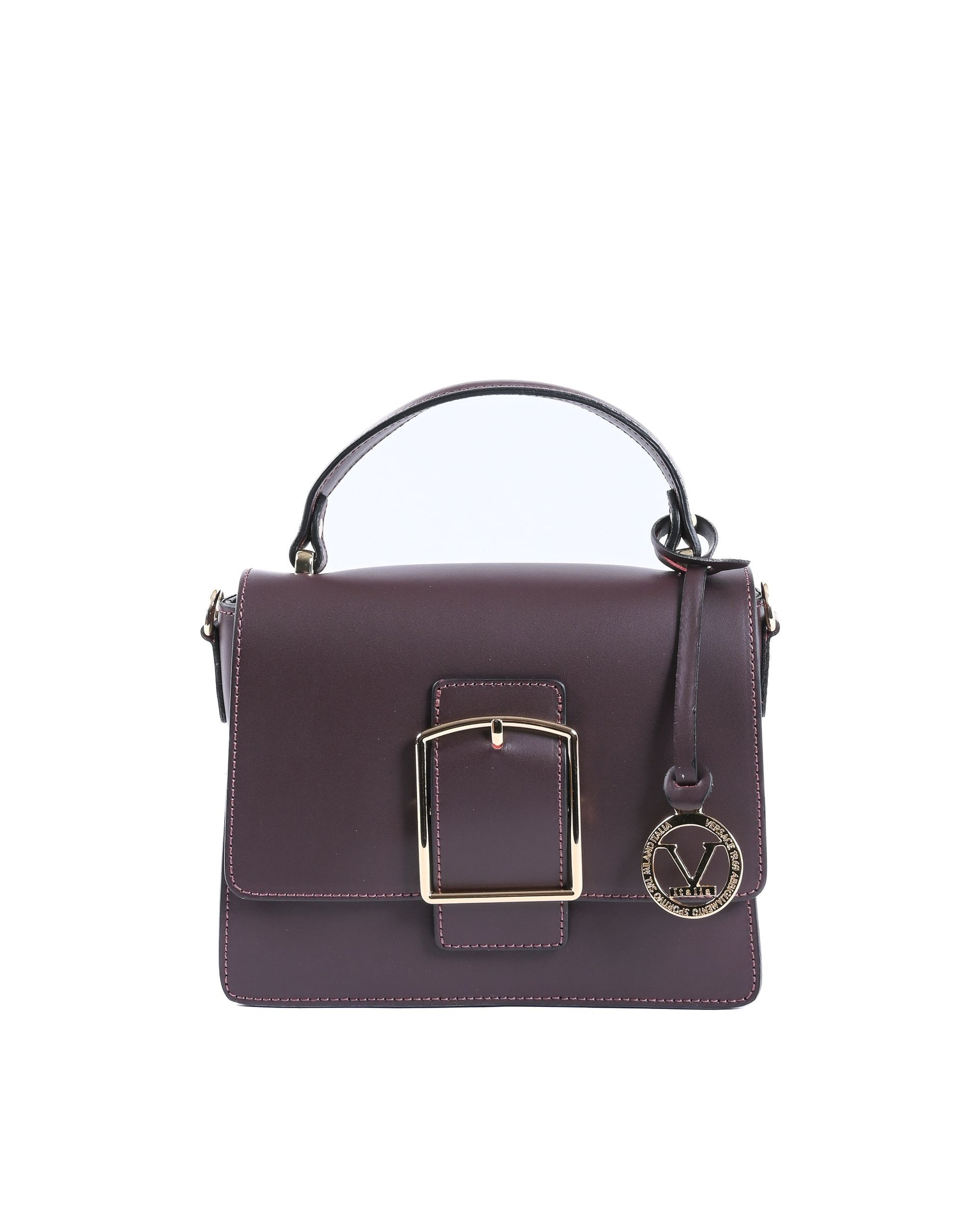 Sac à main bordeaux avec anses arrondies, rabat à boucle carrée et fermoir métal.