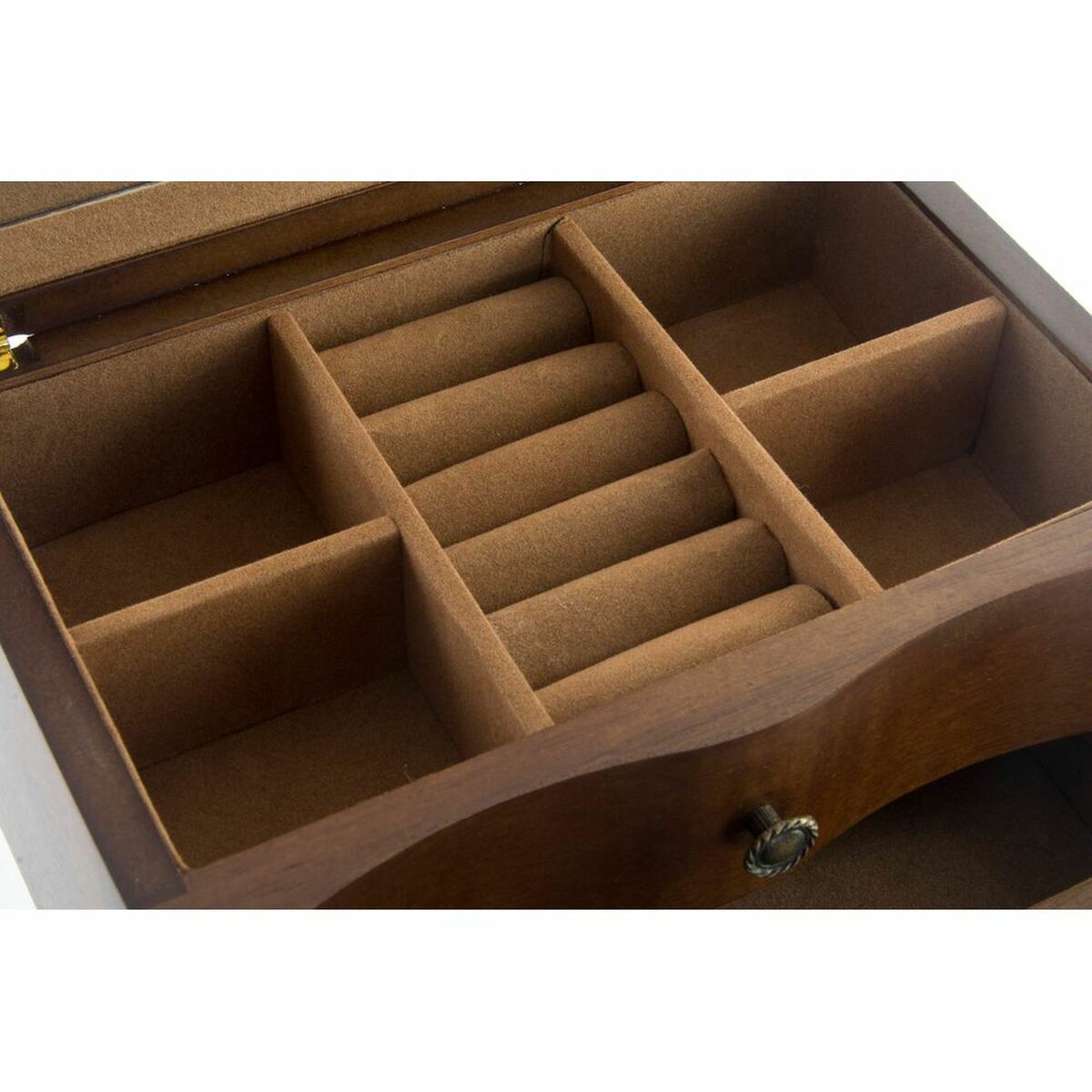 Intérieur de boîte à bijoux en MDF marron avec compartiments rembourrés et séparateurs