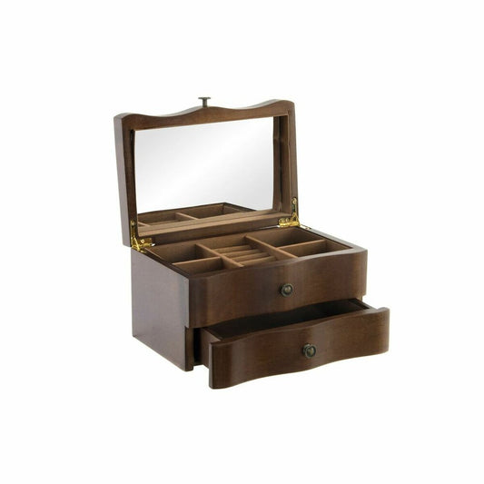 Boîte à bijoux en MDF marron ouverte avec miroir et compartiments, tiroirs à boutons