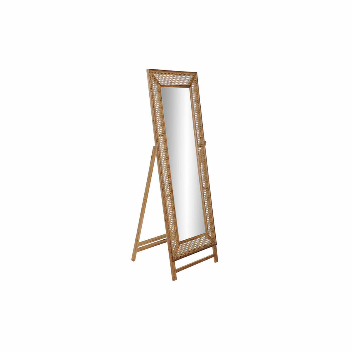Miroir sur pied rectangulaire en rotin marron naturel, angles visibles
