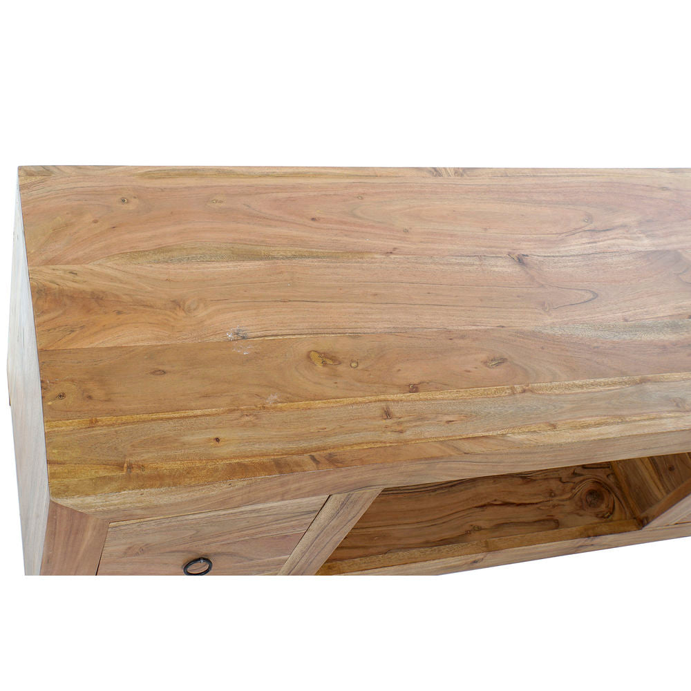 Meuble TV en bois d’acacia massif, texture du plateau et poignée métallique ronde.