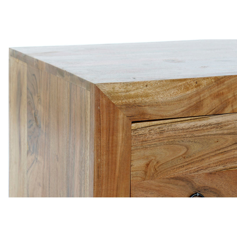Meuble TV en bois d’acacia massif, détail de porte et poignée circulaire.