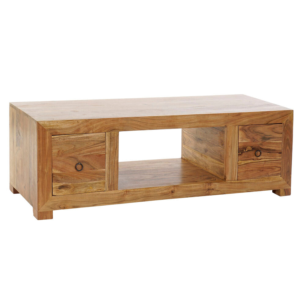 Meuble TV en bois d’acacia massif avec deux tiroirs et niches ouvertes.