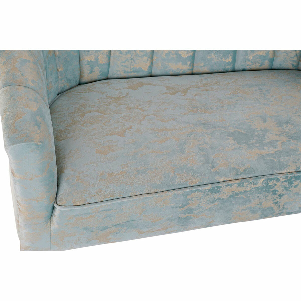 Canapé en tissu bleu clair à motif doré, accoudoir gauche et assise capitonnée