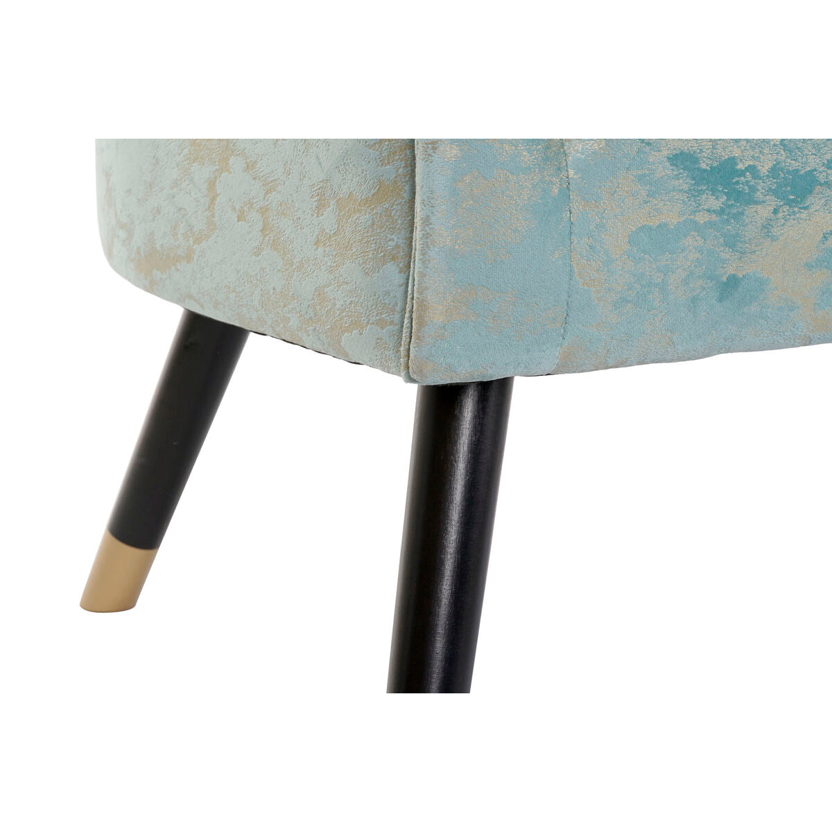 Piètement noir avec liseré doré du canapé, base rembourrée en tissu bleu à motif