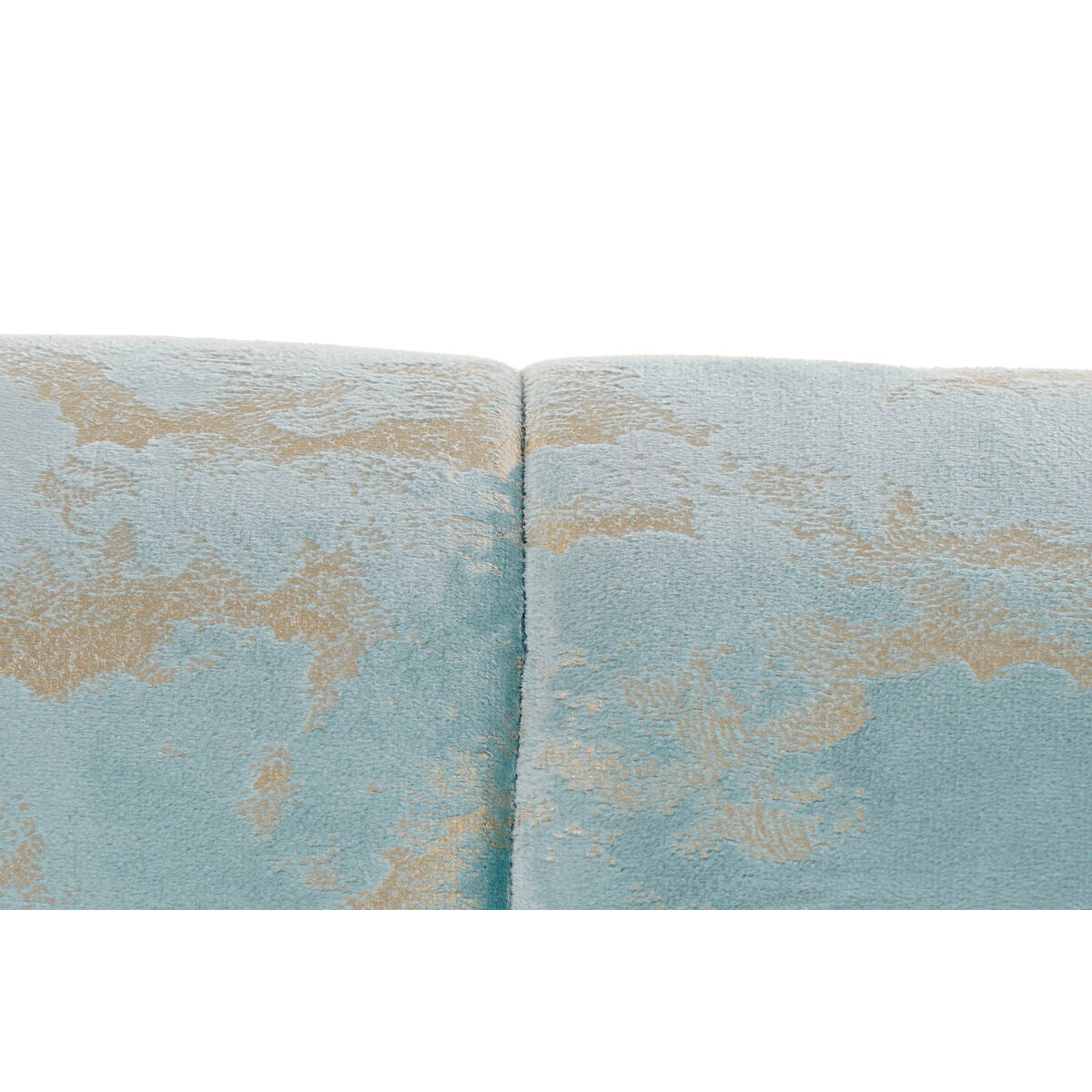Dossier capitonné d’un canapé en tissu bleu clair à motif doré, couture centrale