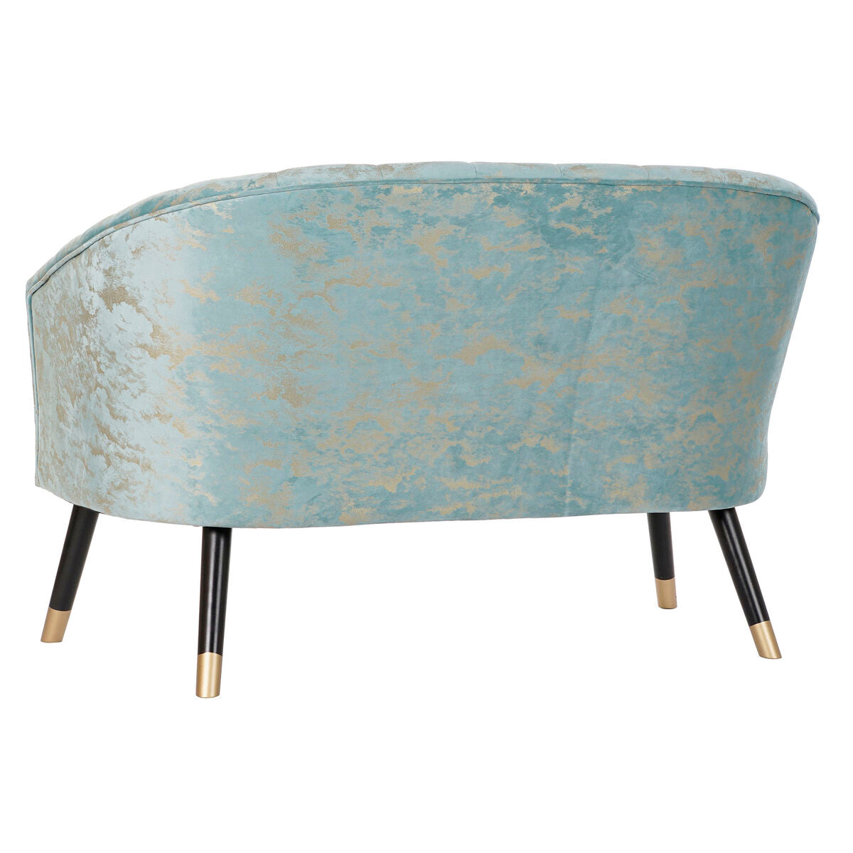 Canapé en tissu bleu clair à motif doré, vue latérale arrondie, pieds noirs