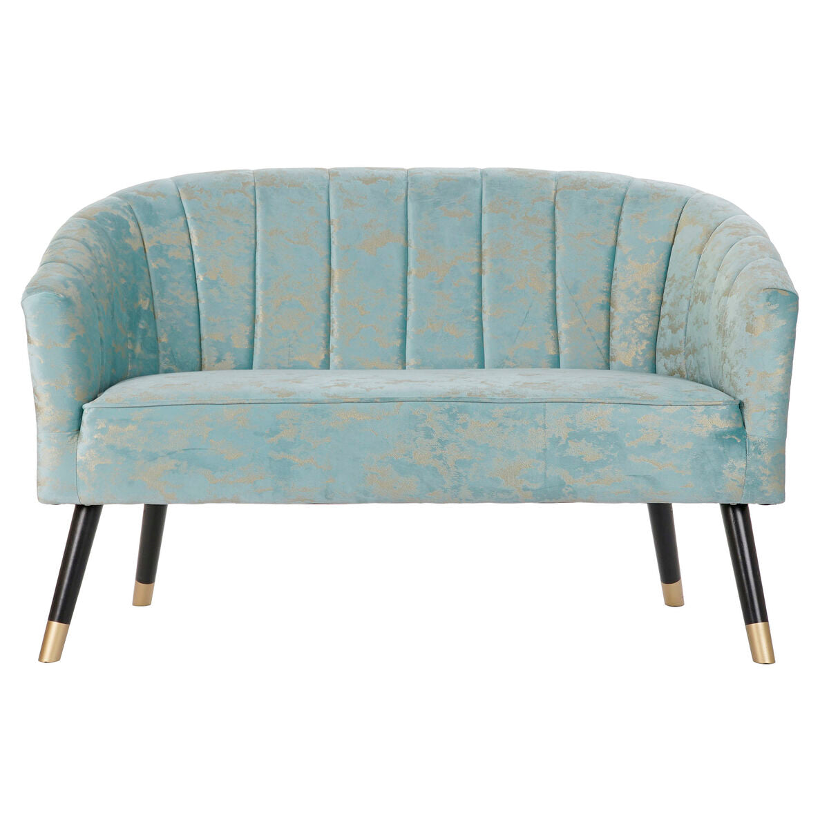 Canapé en tissu bleu clair à motif doré, assise rembourrée, pieds noirs et dorés