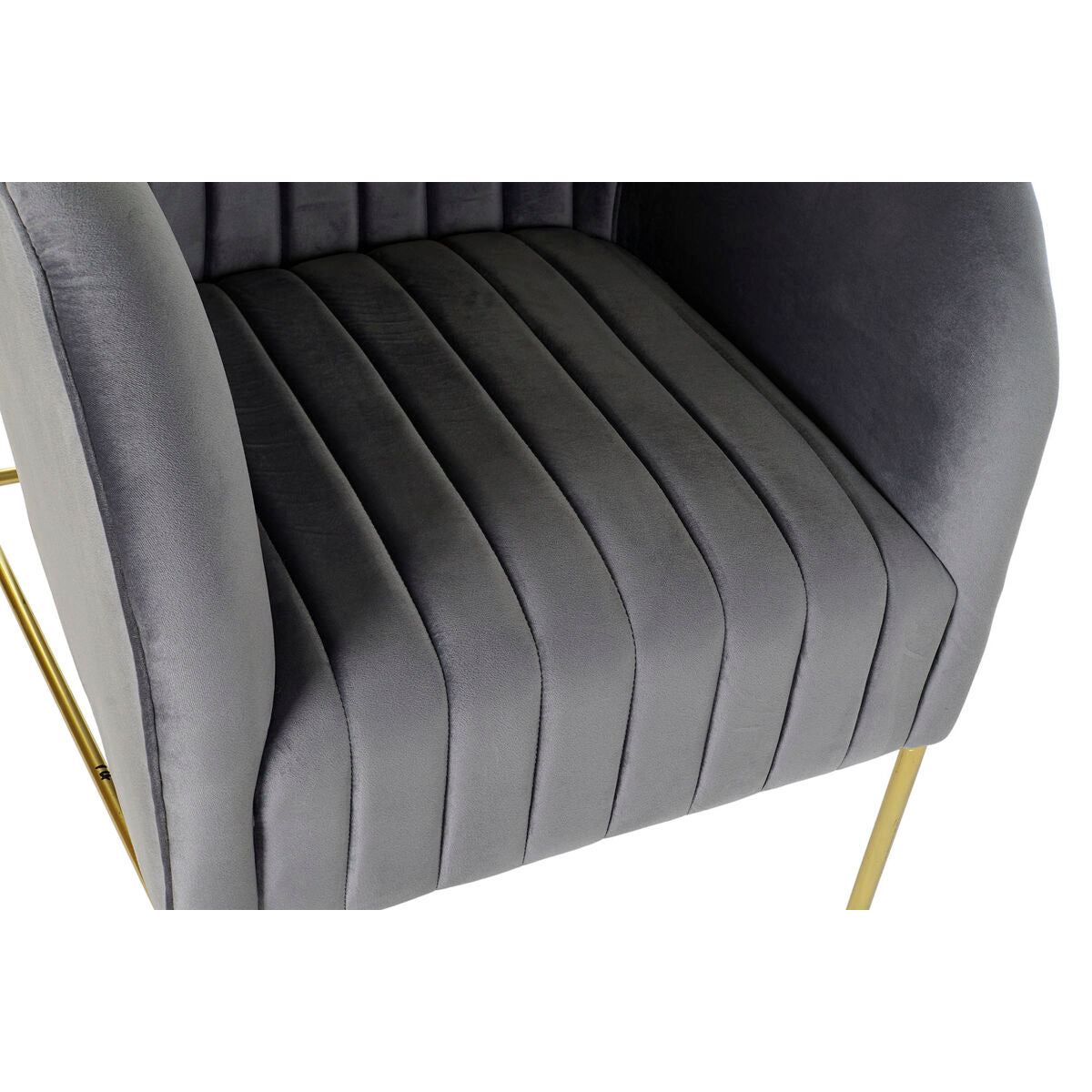 Fauteuil en tissu gris : assise à rainures et accoudoir, piètement métal doré.