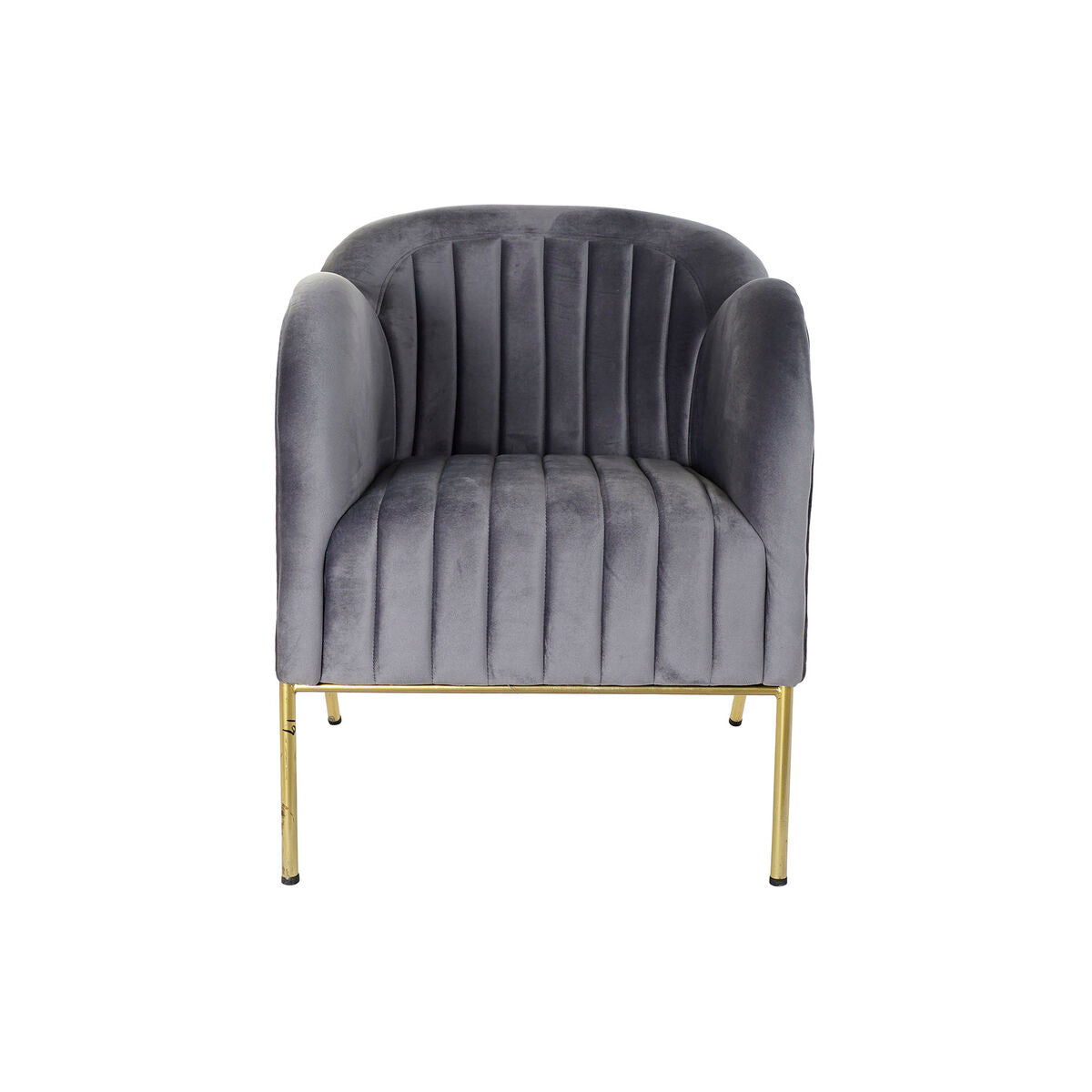 Fauteuil en tissu gris, dossier arrondi à rainures verticales, piètement métal doré.