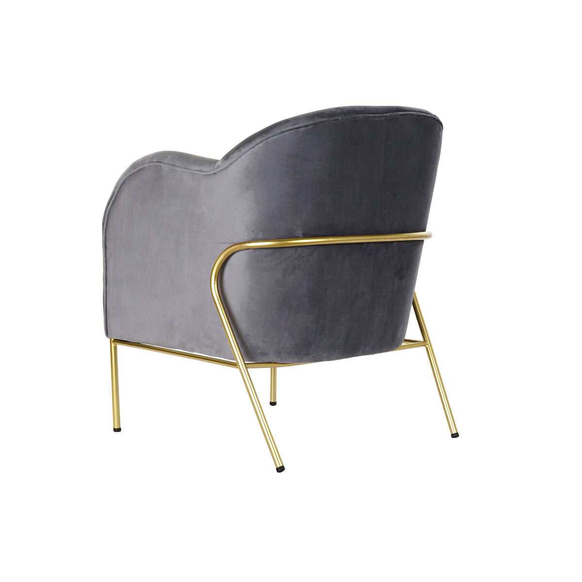 Fauteuil en tissu gris foncé et clair, piètement métal doré, accoudoir arrondi.