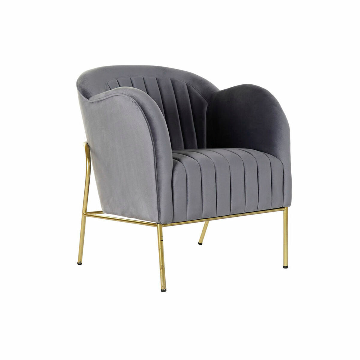 Fauteuil en tissu gris, piètement métal doré, dossier et assise à rainures verticales.