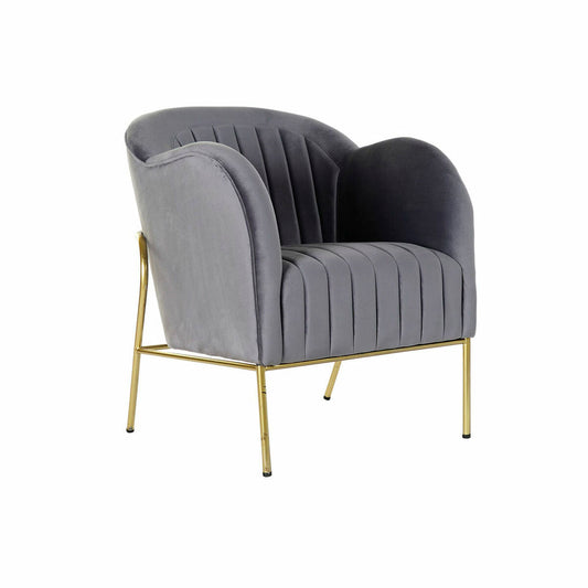 Fauteuil en tissu gris, piètement métal doré, dossier et assise à rainures verticales.