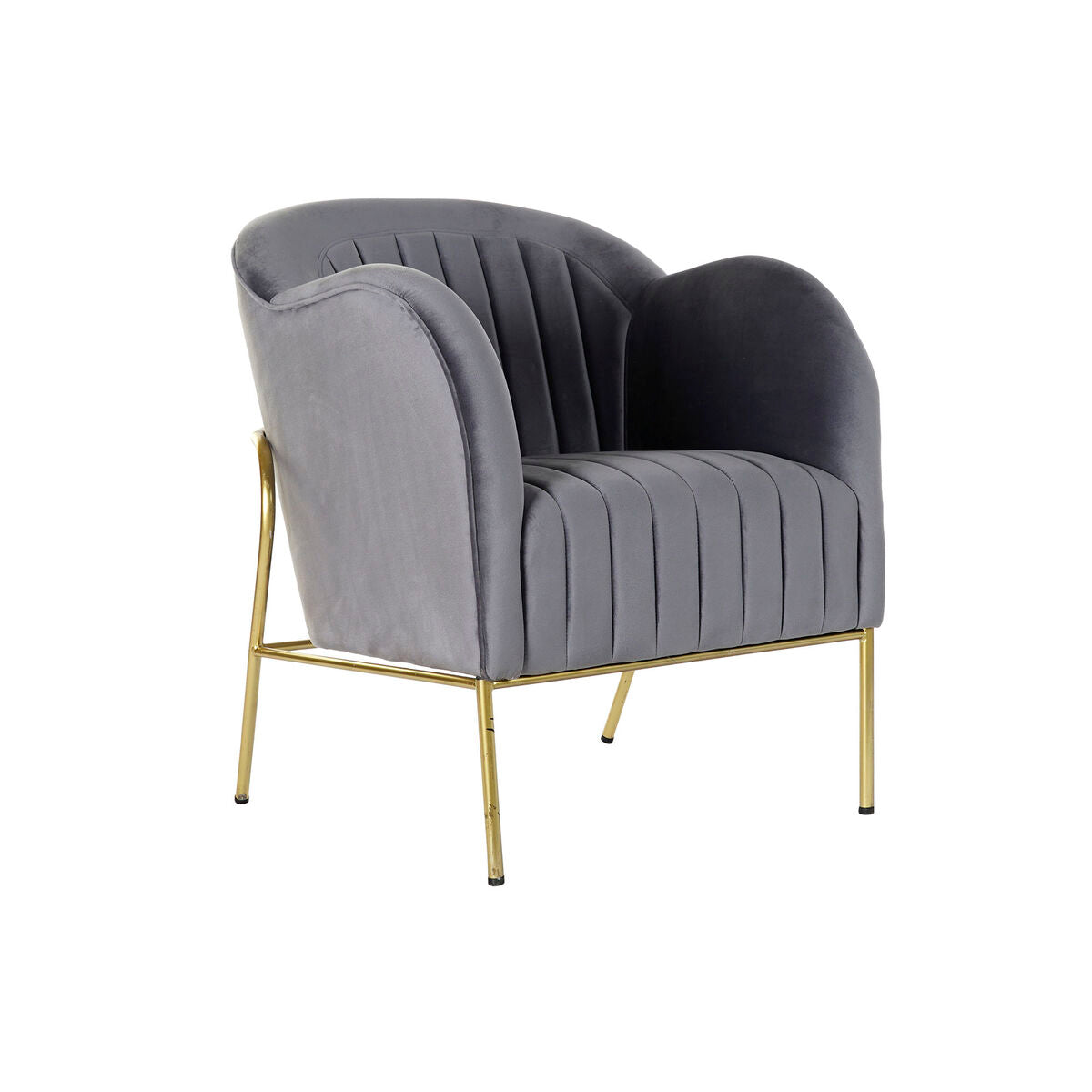 Fauteuil en tissu gris avec accoudoir, piètement métal doré, dossier texturé et rainuré.