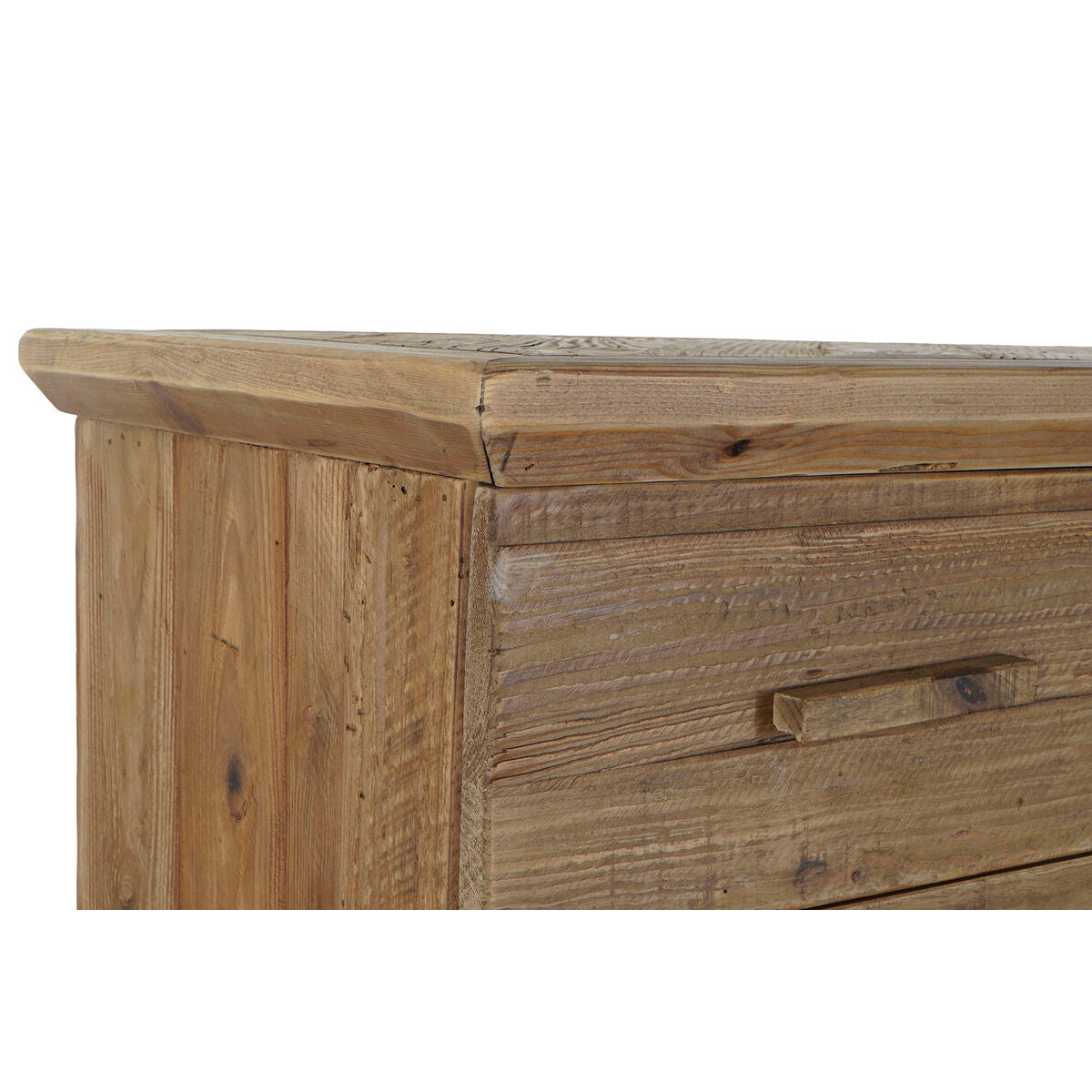 Rebord supérieur du buffet en bois recyclé, texture et nœuds du bois