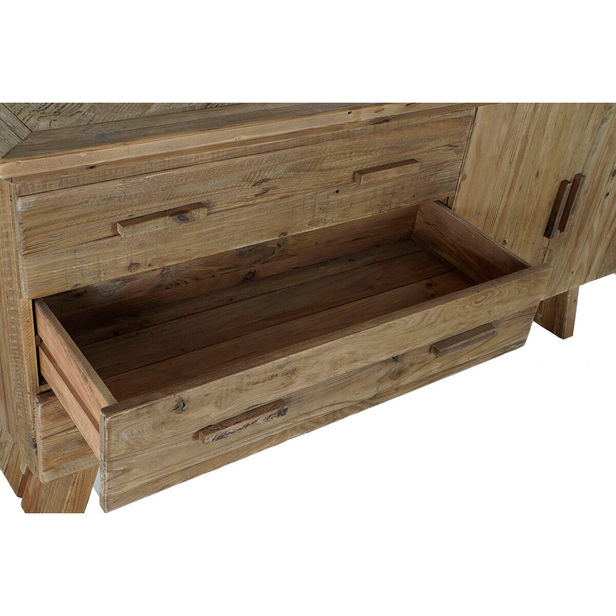 Buffet en bois recyclé ouvert: tiroir central et compartiment intérieur
