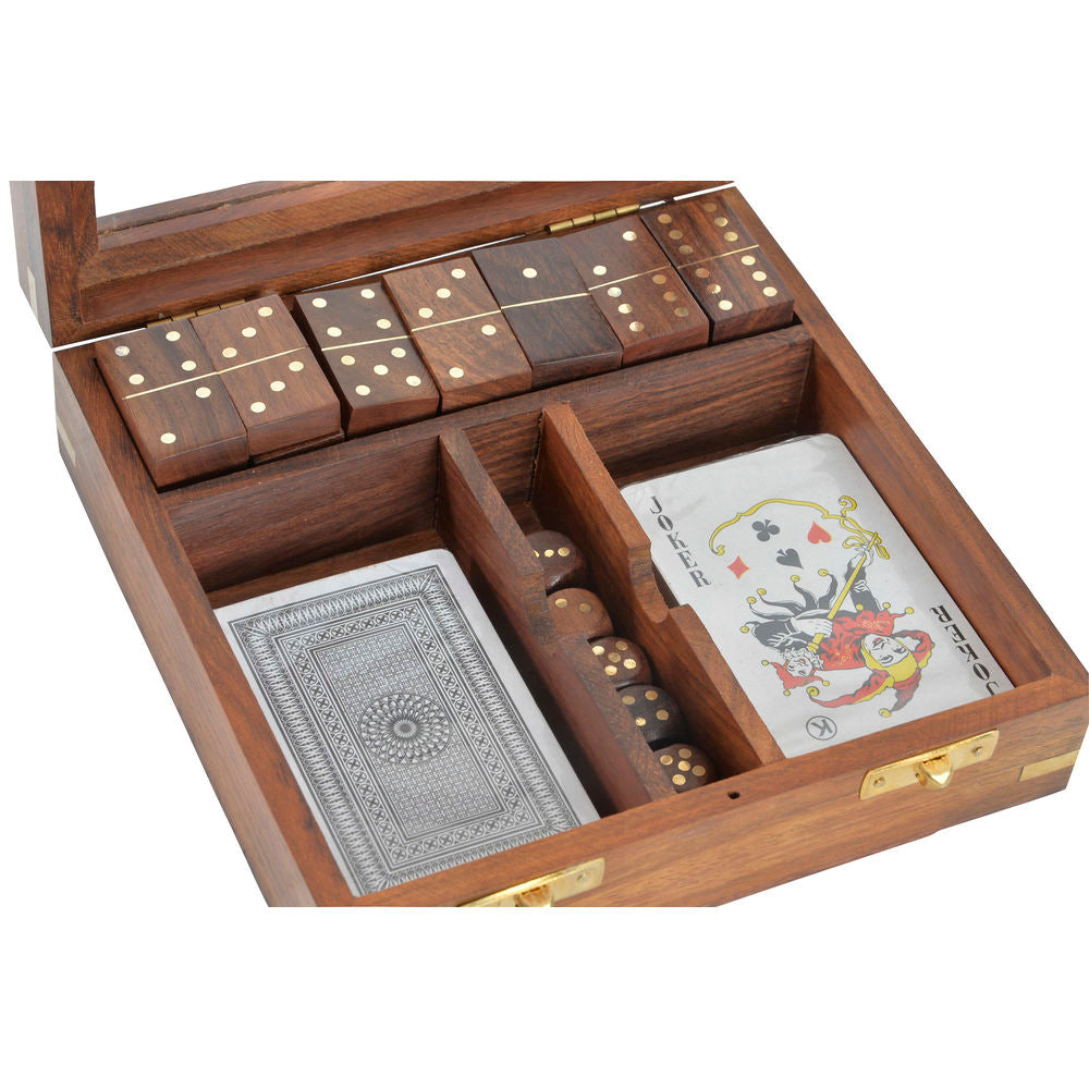 Jeu de plateau décoratif en bois avec compartiments et cartes, dés et dos de carte