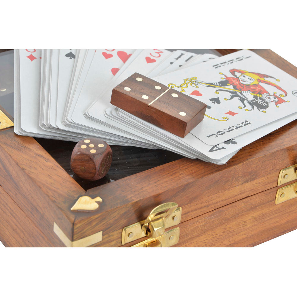 Jeu de plateau décoratif : dés et cartes à dos coloré sur plateau en bois