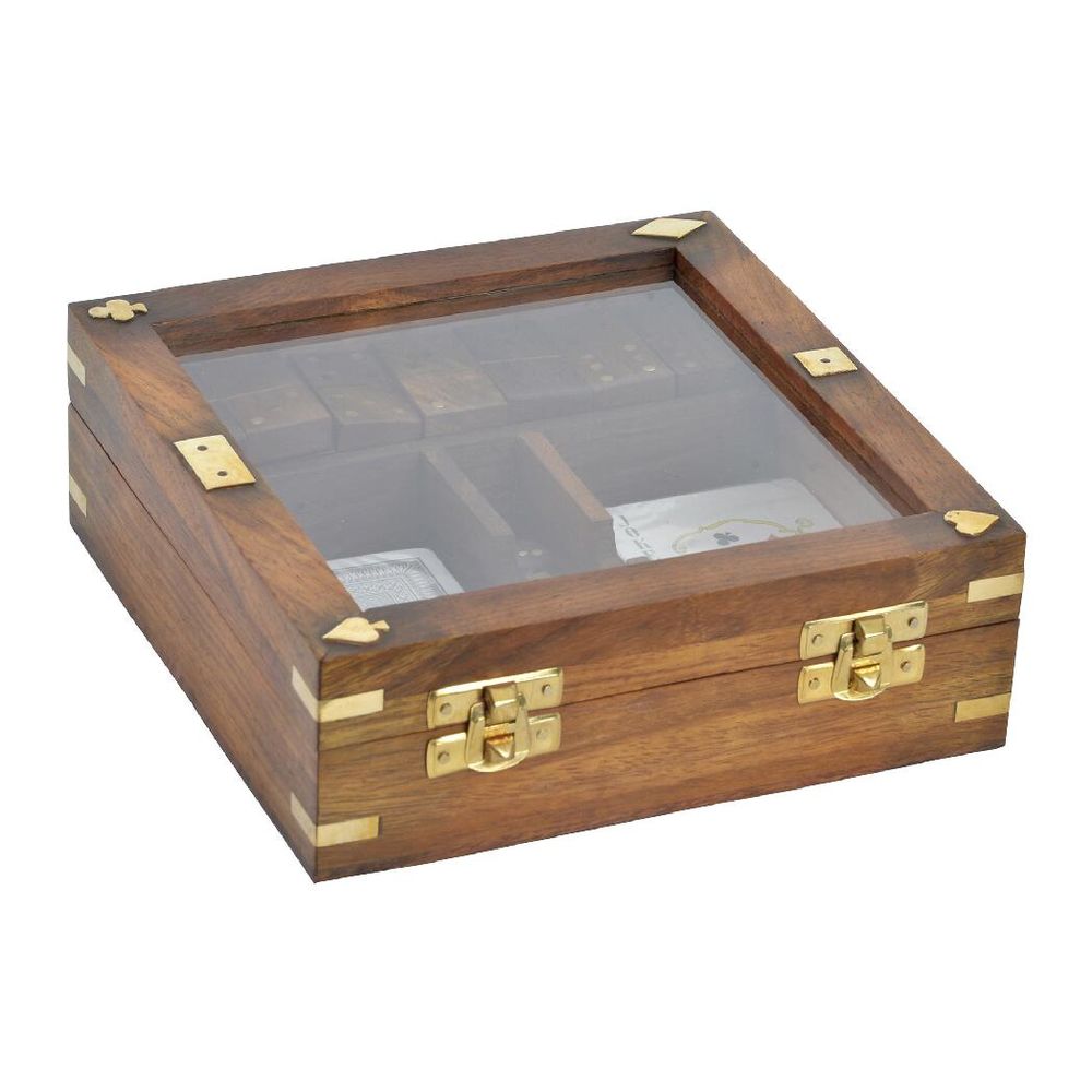 Jeu de plateau décoratif en bois foncé avec couvercle vitré et charnières dorées