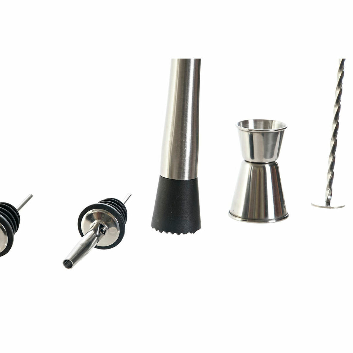 Pilon en inox à base noire, jigger inox et paille pour cocktail