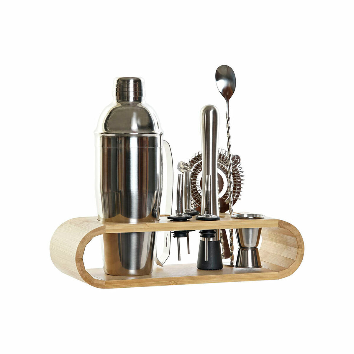 Set cocktail en inox sur plateau en bambou, 9 pièces