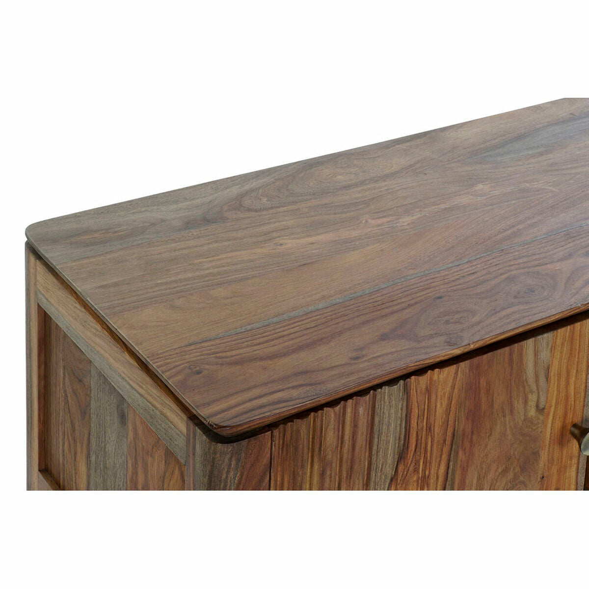 Meuble TV en bois: dessus rectangulaire gris avec bord brun et veinage visible