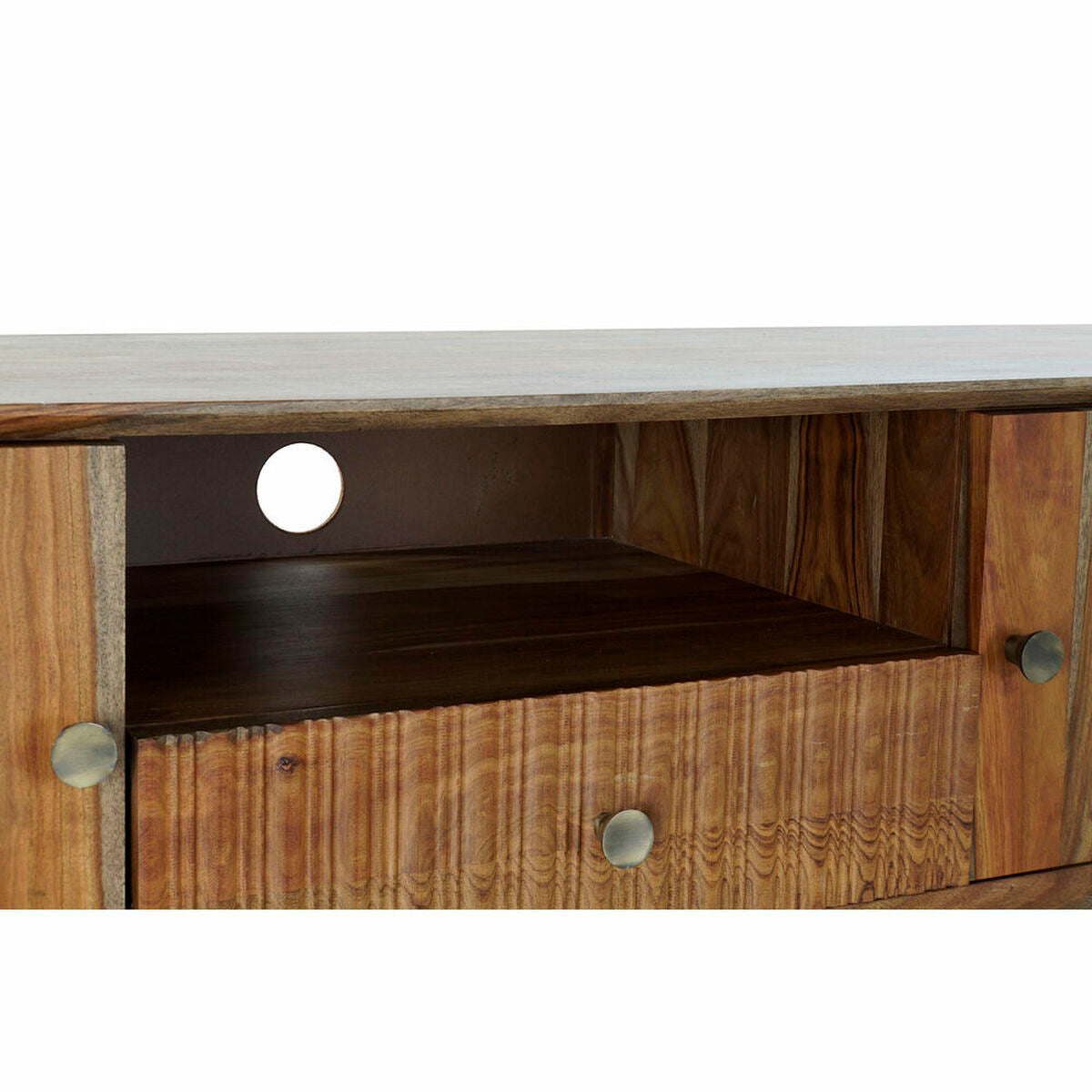 Meuble TV en bois marron: compartiment intérieur sombre et bouton de porte rond