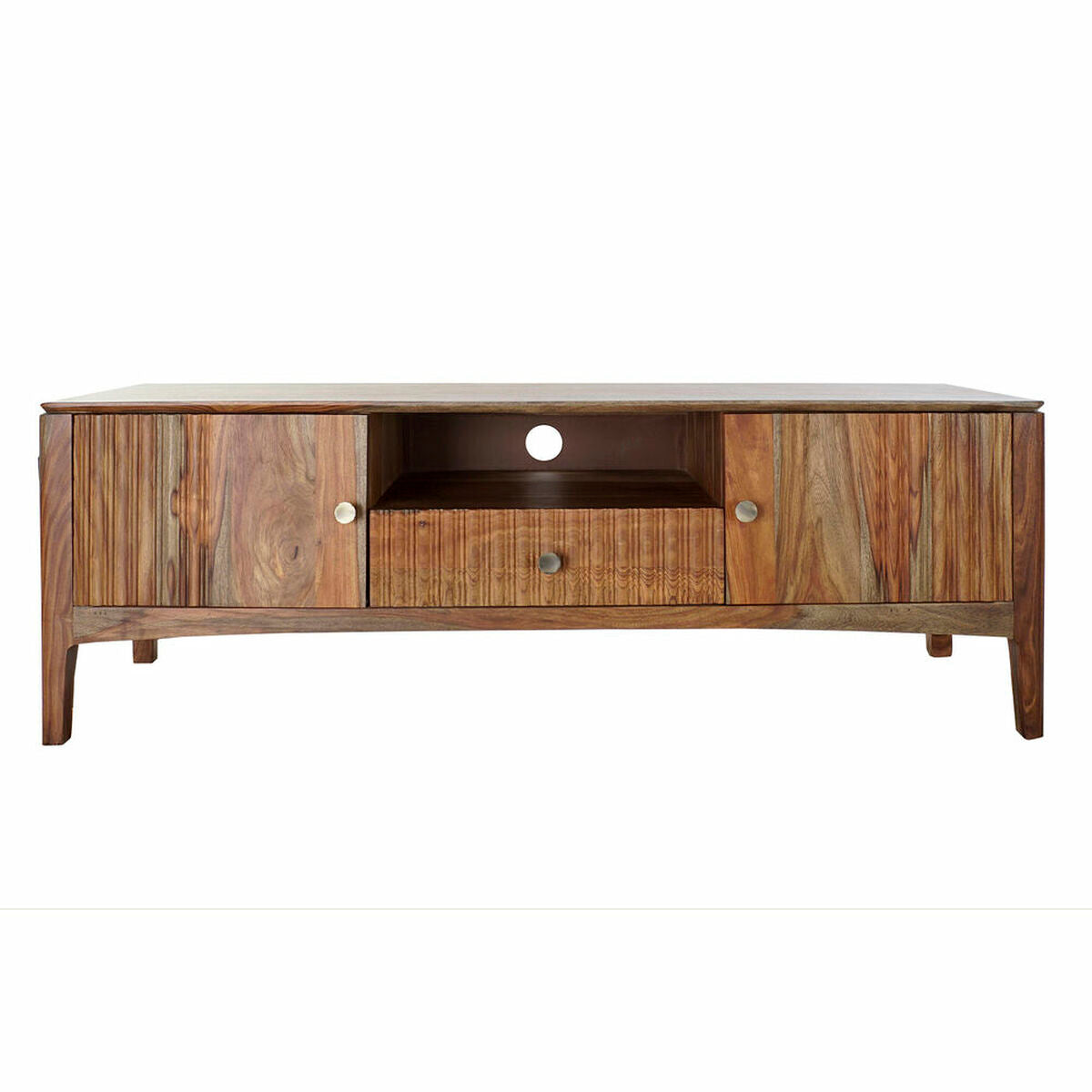 Meuble TV en bois brun et naturel, niche centrale ouverte avec bouton