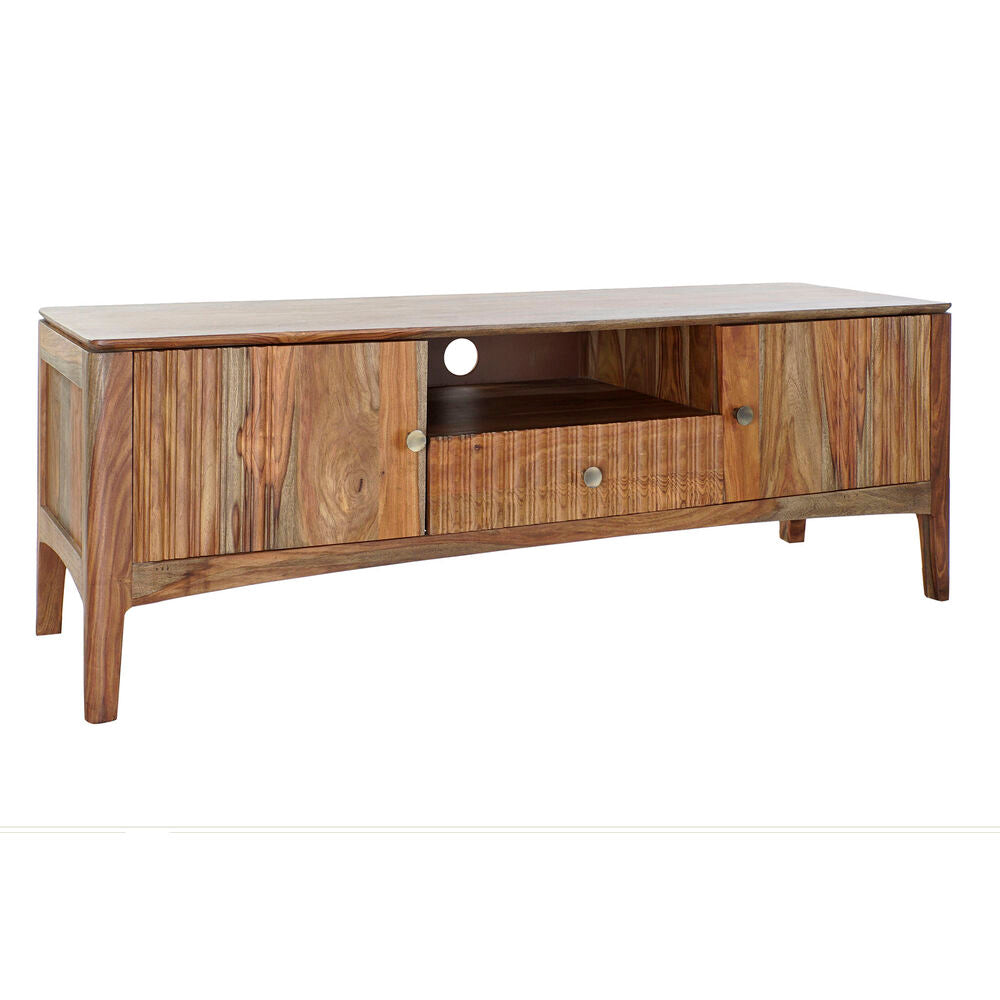 Meuble TV Hemys en bois brun et naturel, plateau rectangulaire, pieds inclinés