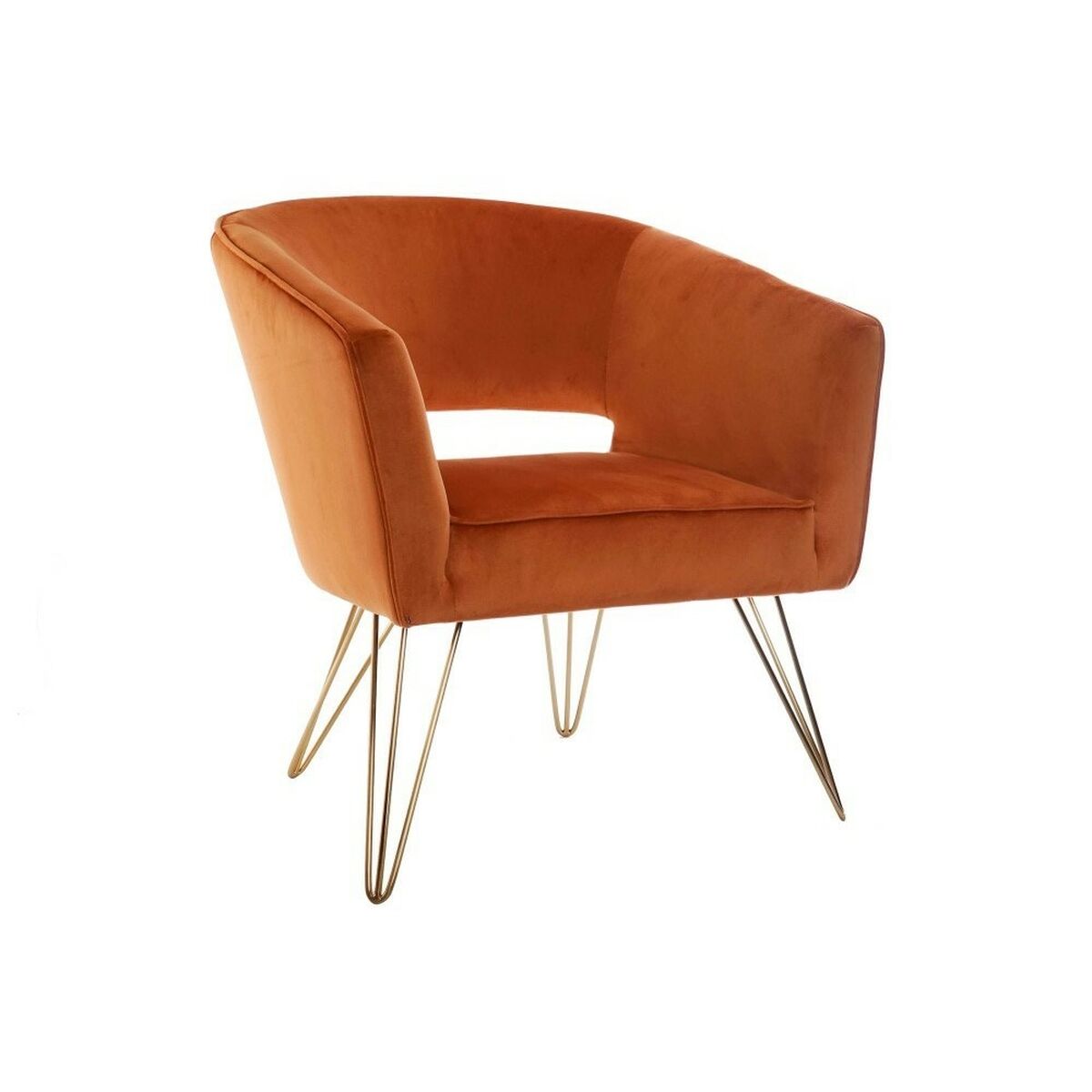 Fauteuil en velours orange, accoudoirs arrondis et pieds dorés en métal