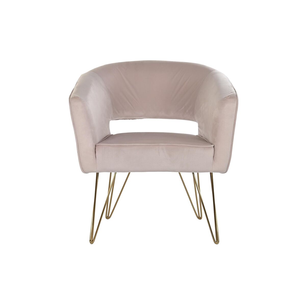 Fauteuil en velours rose poudré, forme arrondie, assise ouverte et pieds dorés