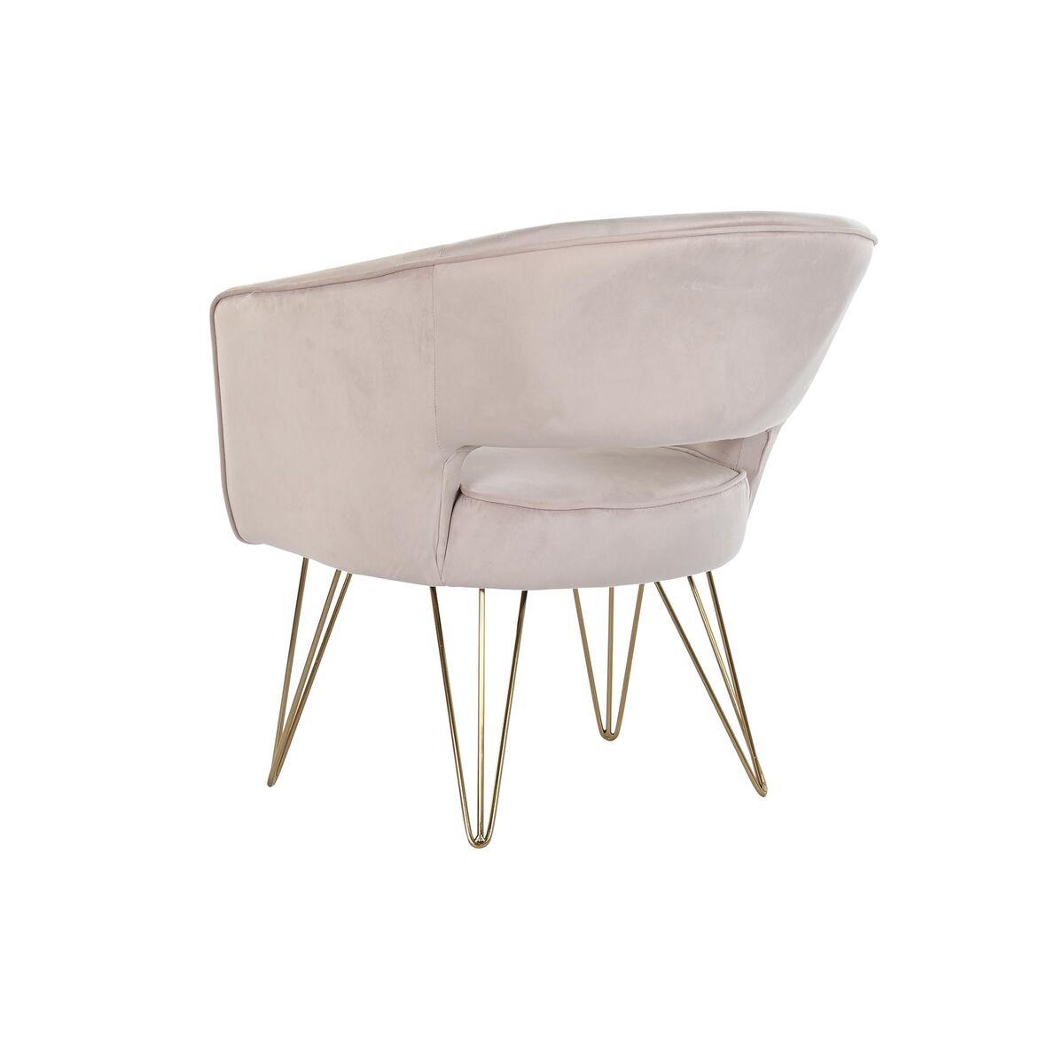 Fauteuil en velours rose clair, dossier enveloppant et pieds dorés fins