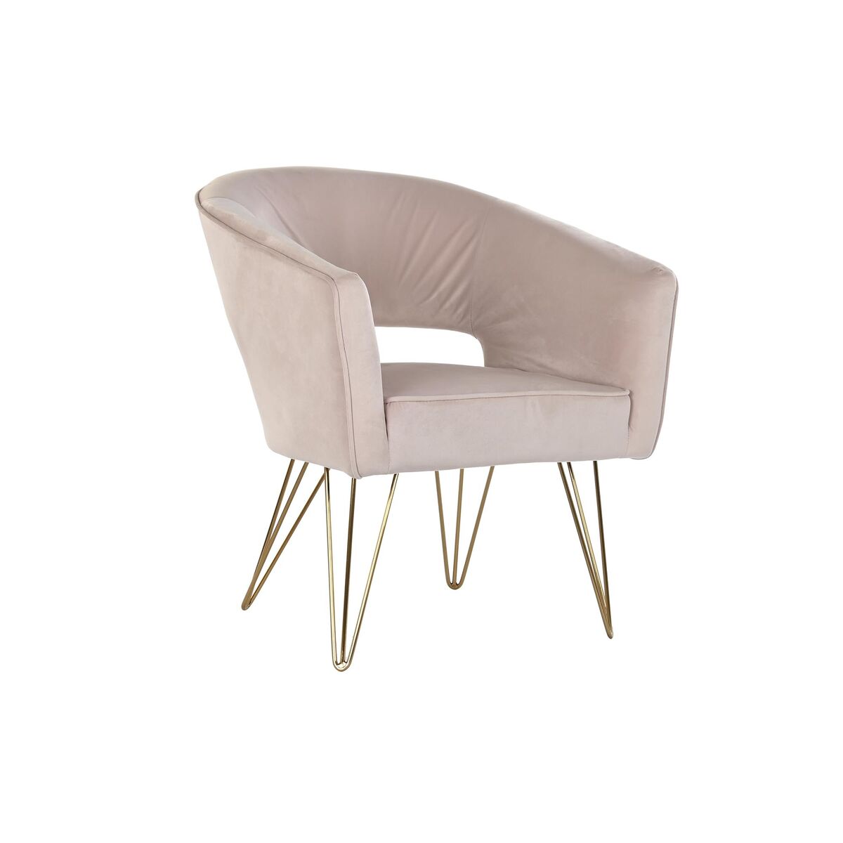 Fauteuil en velours rose poudré, accoudoirs et pieds dorés fins