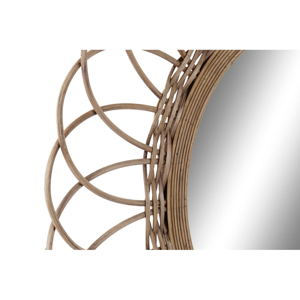 Miroir mural rond en rotin marron, vue latérale du tressage et du bord