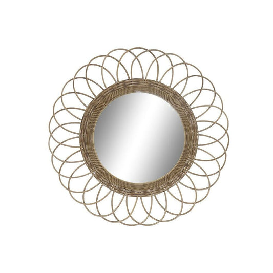 Miroir mural en rotin tressé marron, cadre circulaire et motif rayonnant