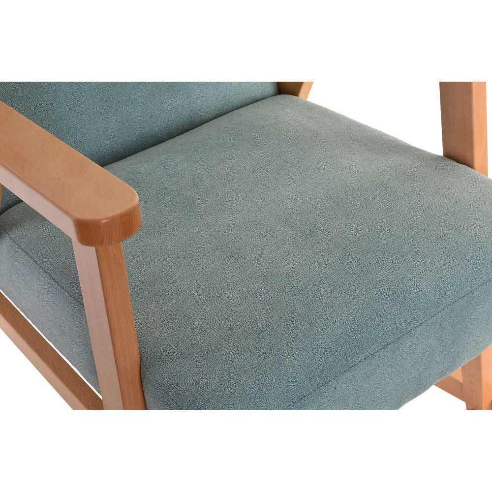 Assise rembourrée turquoise du fauteuil à bascule, avec accoudoir en bois