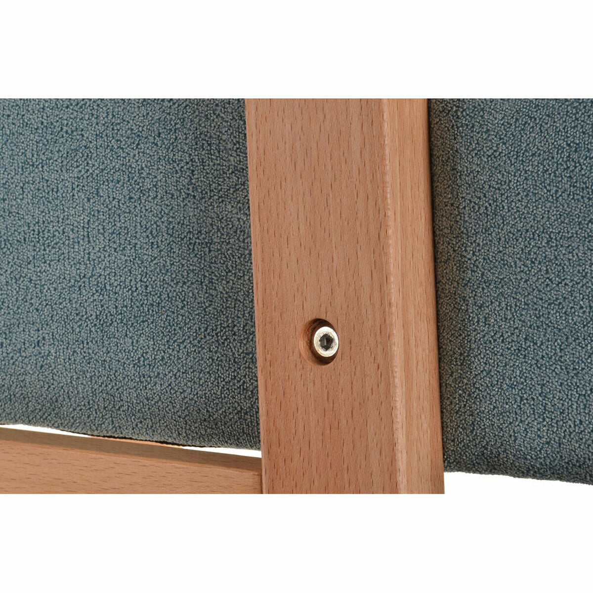 Pied en bois du fauteuil à bascule avec vis métallique et tissu bleu