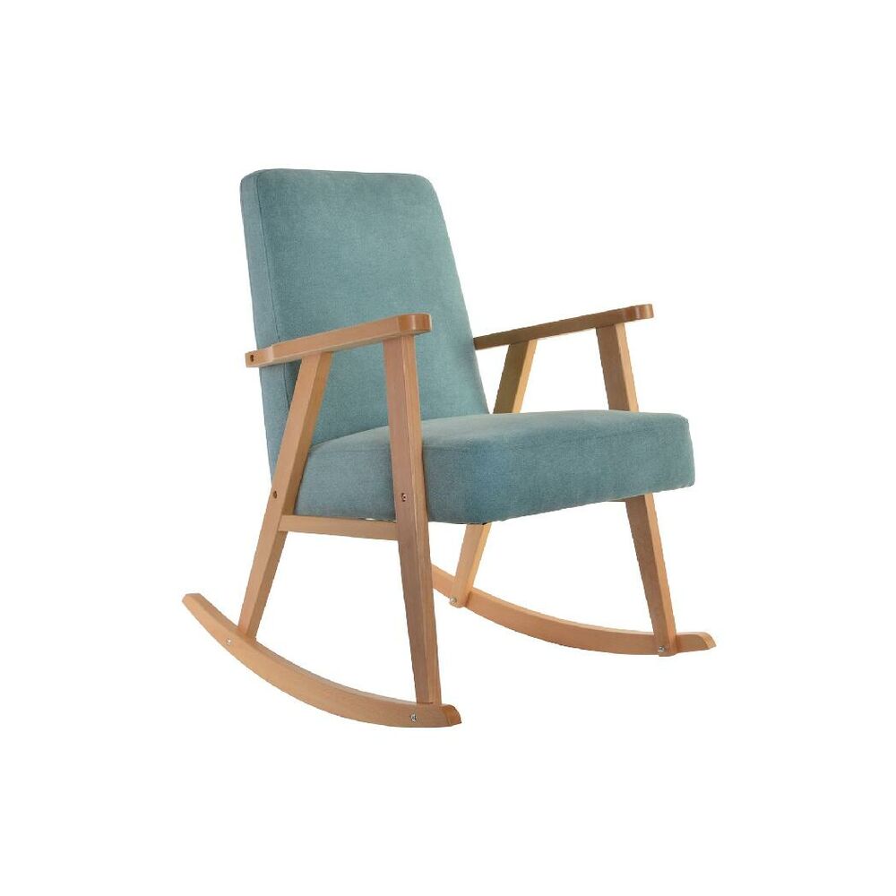 Fauteuil à bascule en tissu turquoise, structure en bois et accoudoirs
