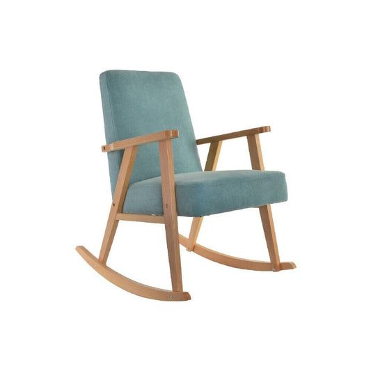 Fauteuil à bascule en tissu turquoise, structure en bois et accoudoirs