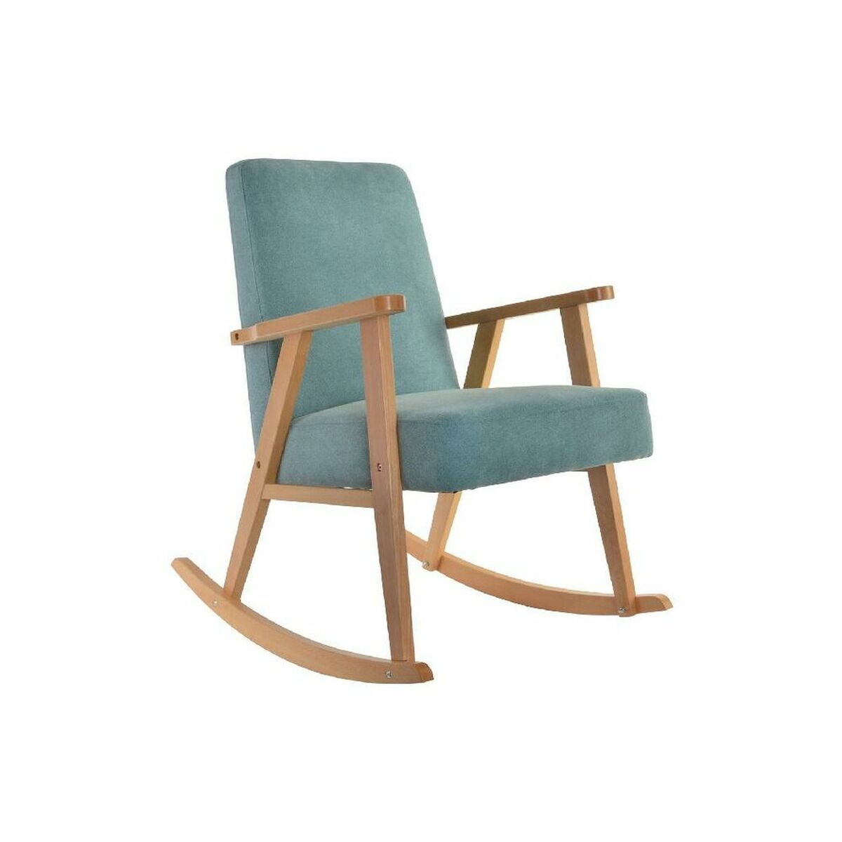 Fauteuil à bascule turquoise avec dossier rembourré et piètement en bois