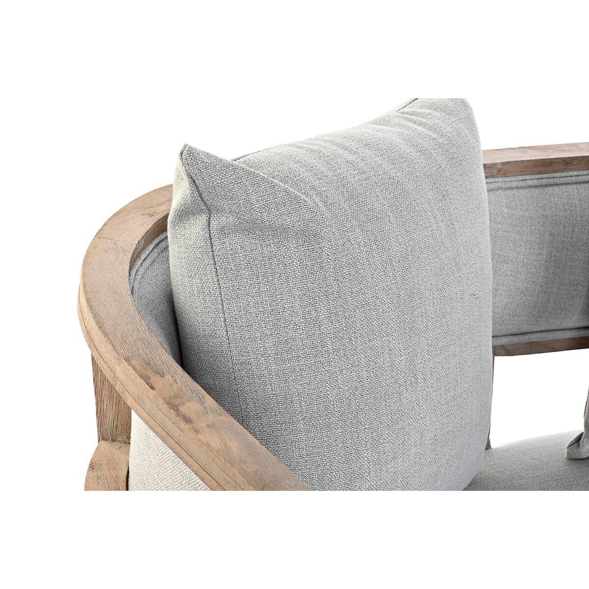 Dossier et accoudoir rembourrés en tissu gris clair, montants en bois clair.