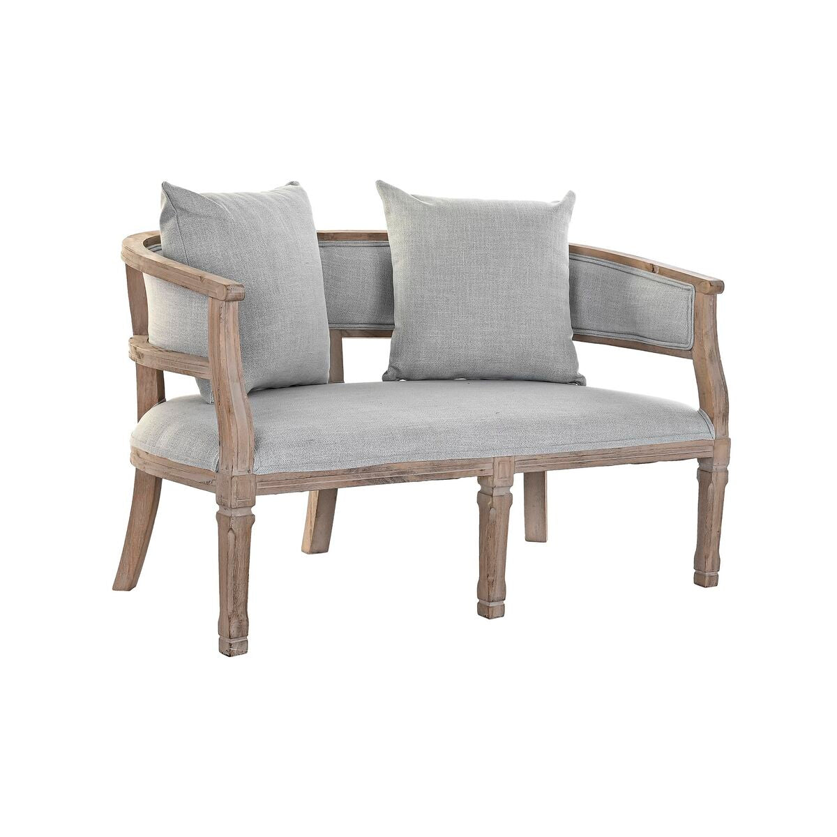 Canapé 2 places en bois clair avec coussins et dossier en tissu gris clair.