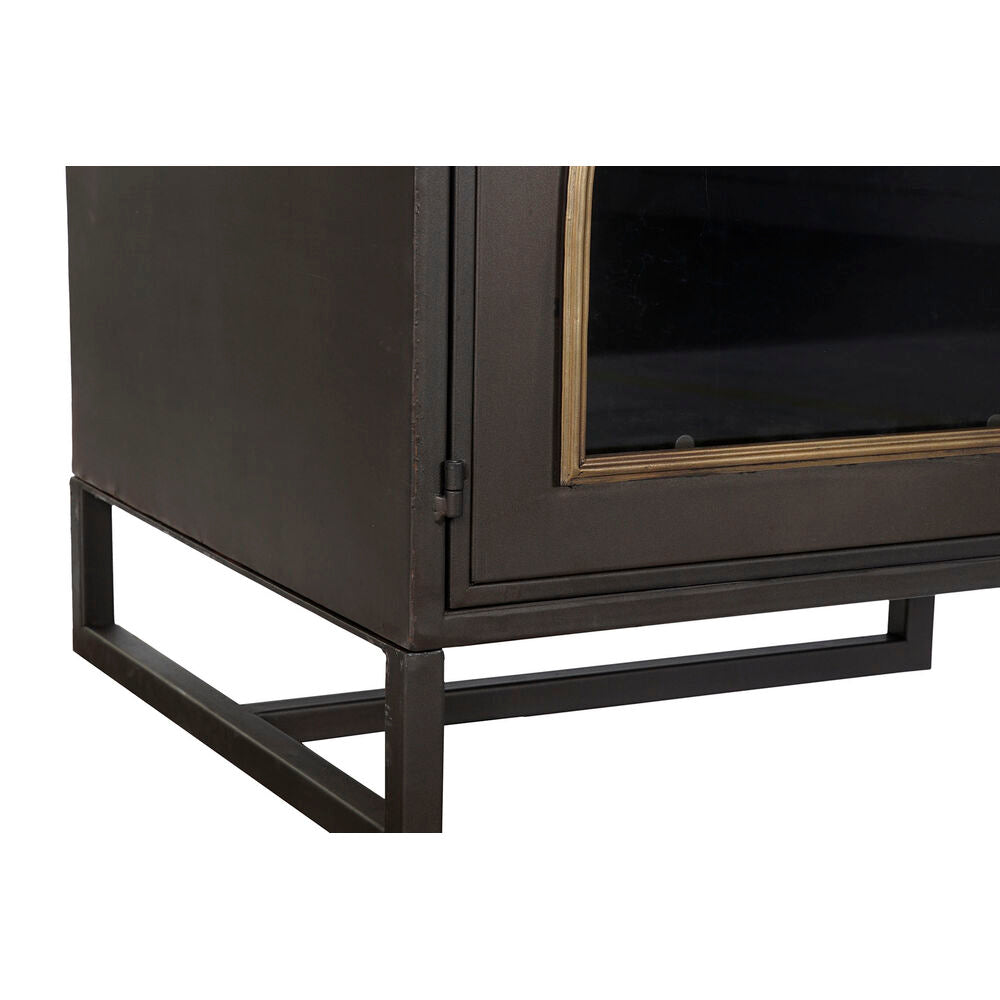 Socle de meuble TV en métal noir avec cadre rectangulaire et montants dorés