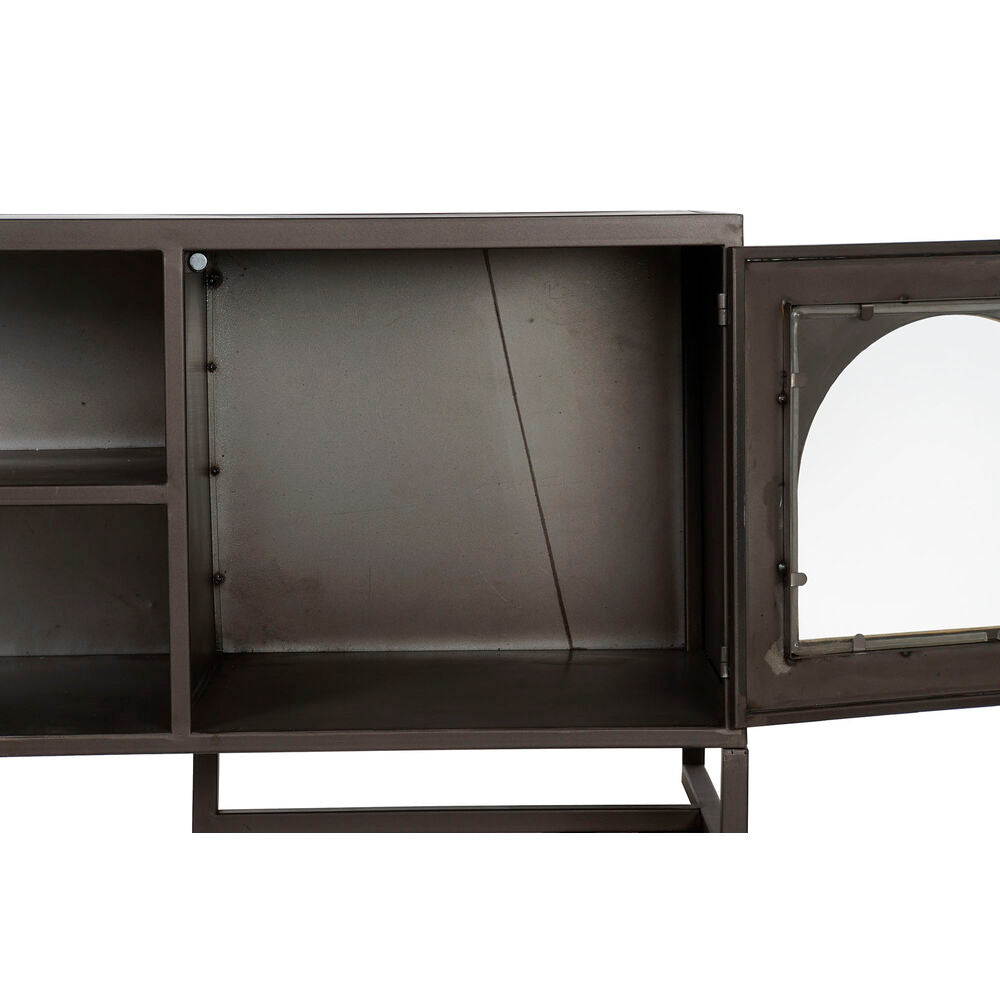 Meuble TV en métal noir, portes vitrées ouvertes et étagères intérieures