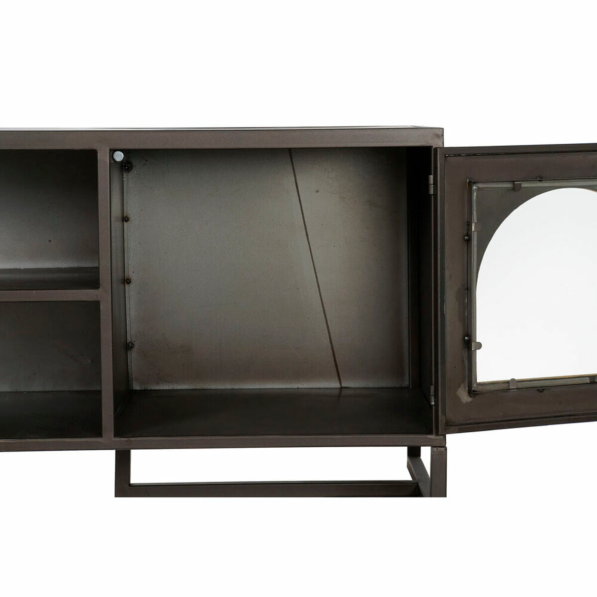Meuble TV en métal noir avec compartiments et porte vitrée ouverte