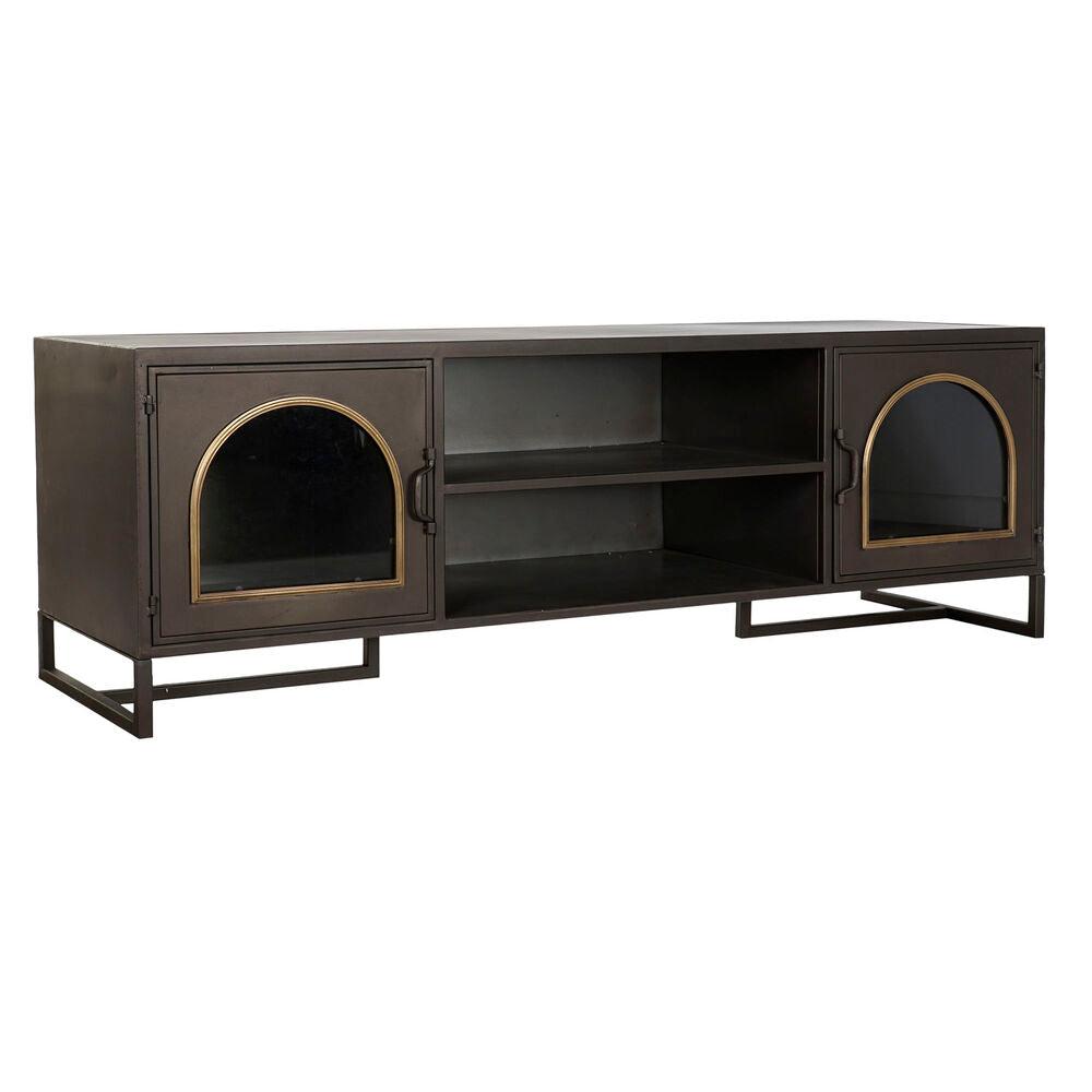 Meuble TV noir en métal avec 2 portes vitrées et niche centrale, vue de face