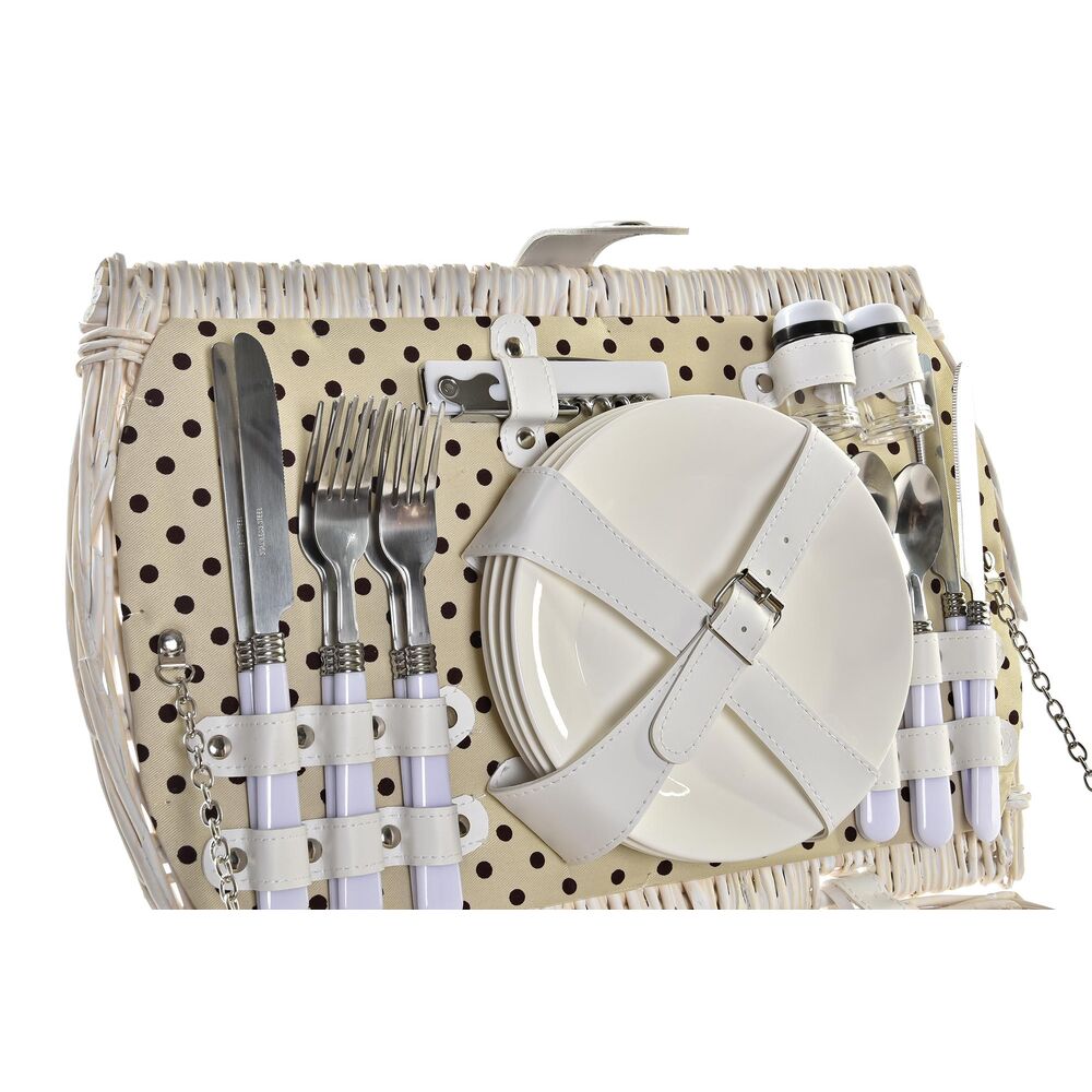 Panier pique-nique ouvert en osier, couvercle en simili blanc et couverts attachés.
