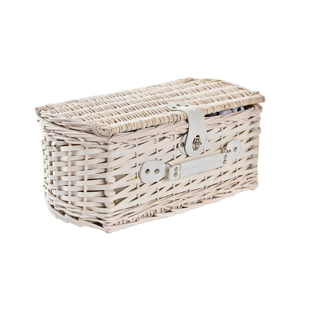 Panier pique-nique en osier blanc-beige fermé, attaches et poignée sur le couvercle.