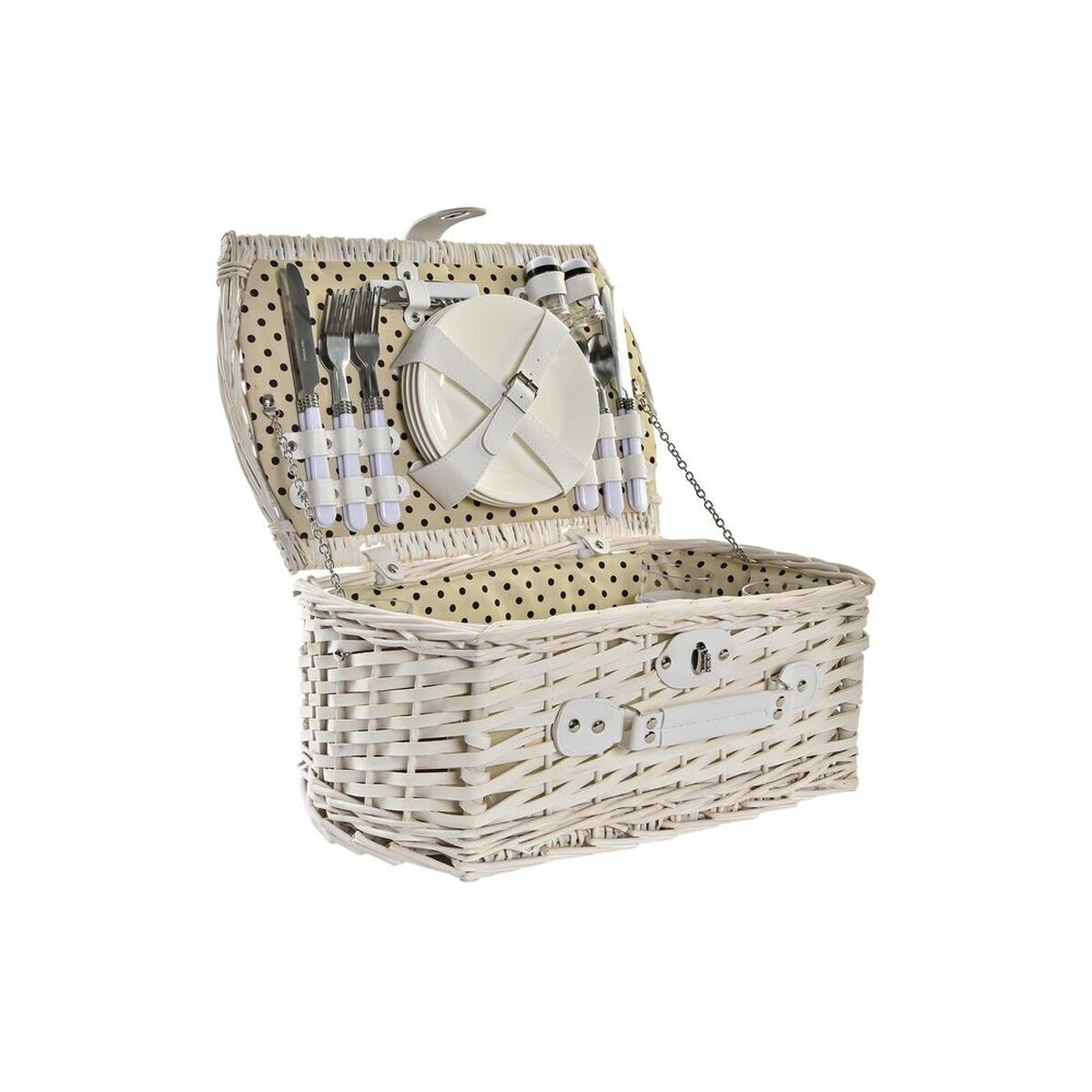 Panier pique-nique en osier blanc et beige, aperçu de l’intérieur à pois et ustensiles.