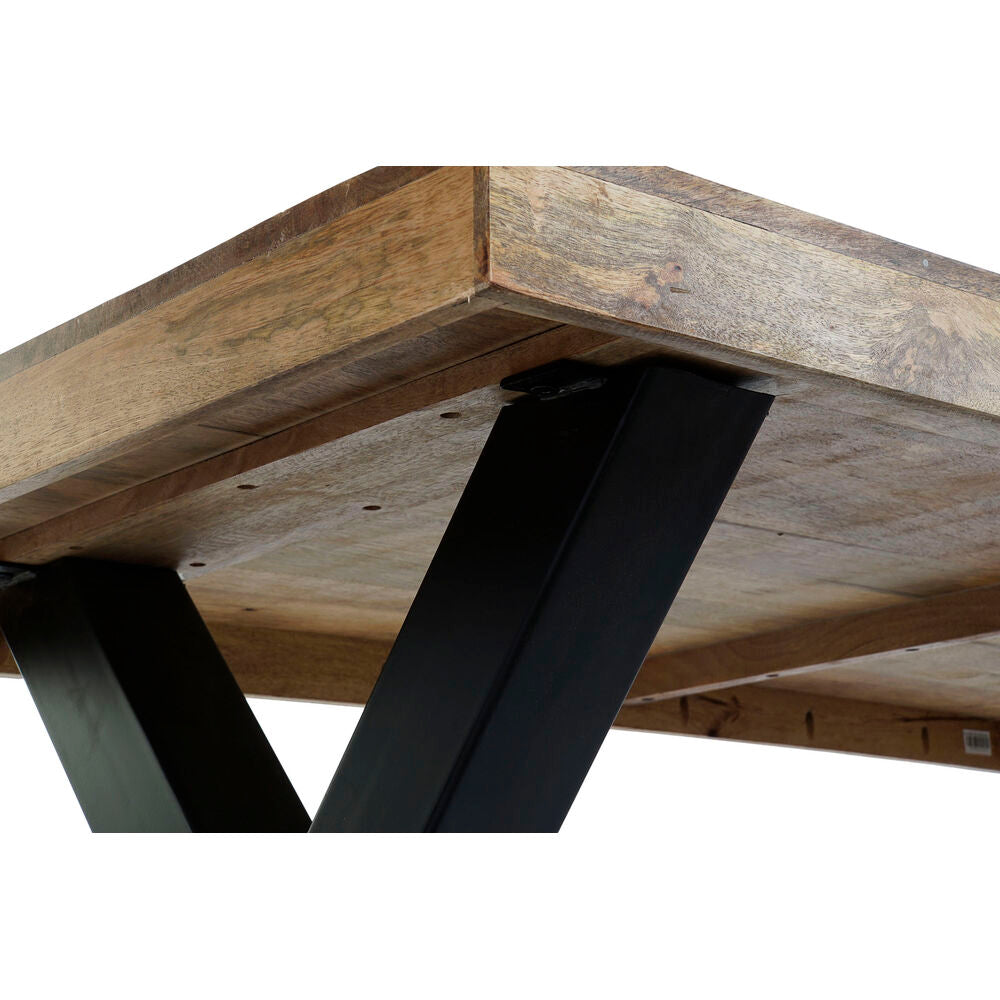 Dessous de table : plateau en bois et structure métallique noire sous le plateau
